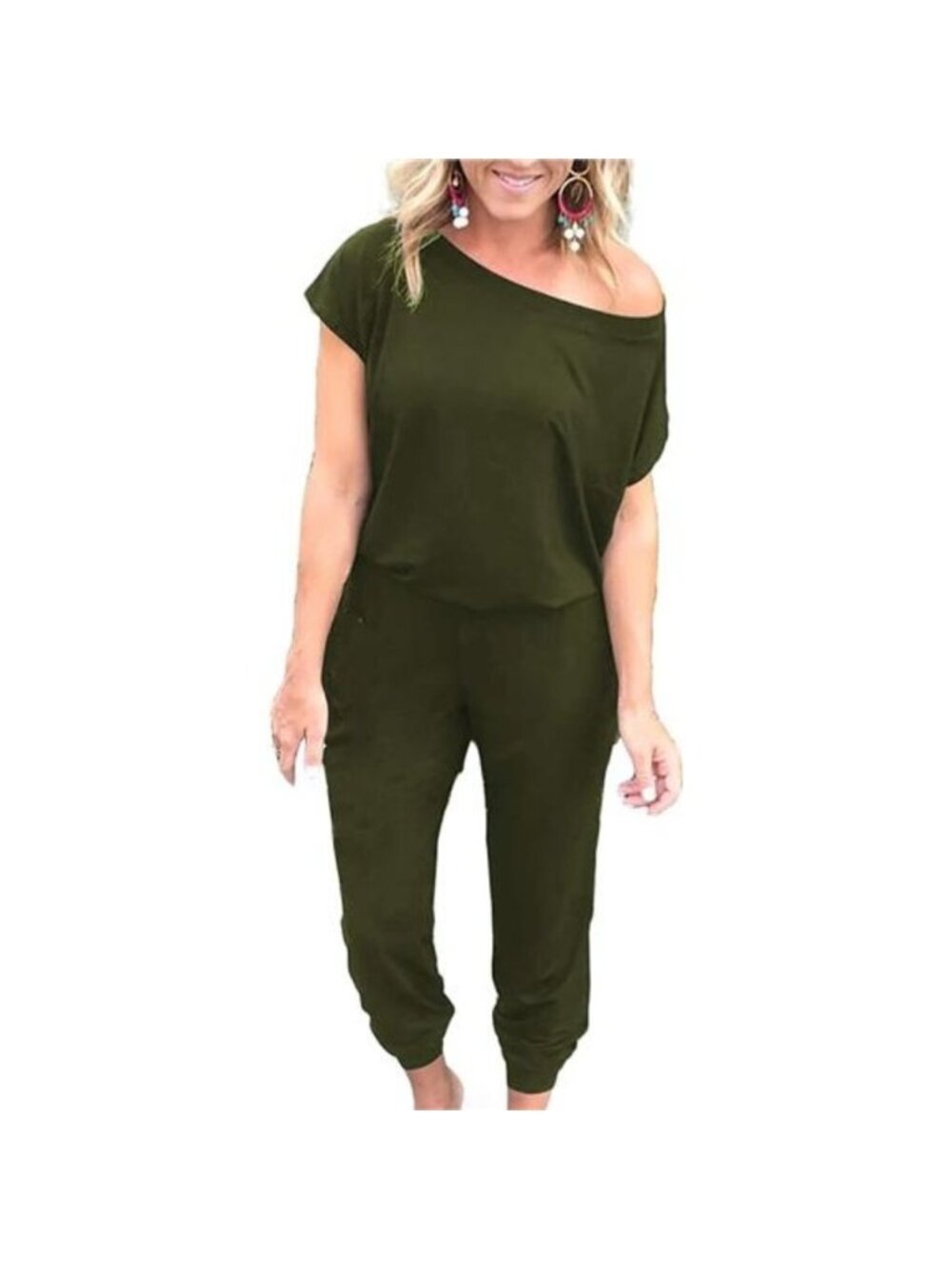 Women's Summer Jumpsuit Rompers Off Shoulder with Pockets, Army Green